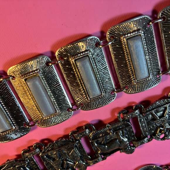 3 Bracelets * Tiger Eye Teeth Silver tone* Celluloid Blue Rectangles* Egyptian - Picture 9 of 15